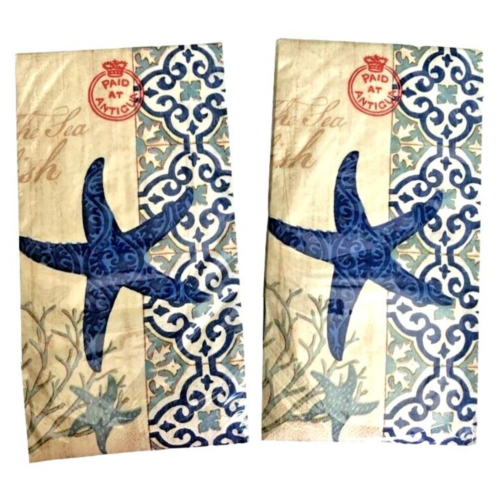 Blue Starfish Paper Napkins Hand Towels Decoupage 26 pk Set of 2 Beach Summer